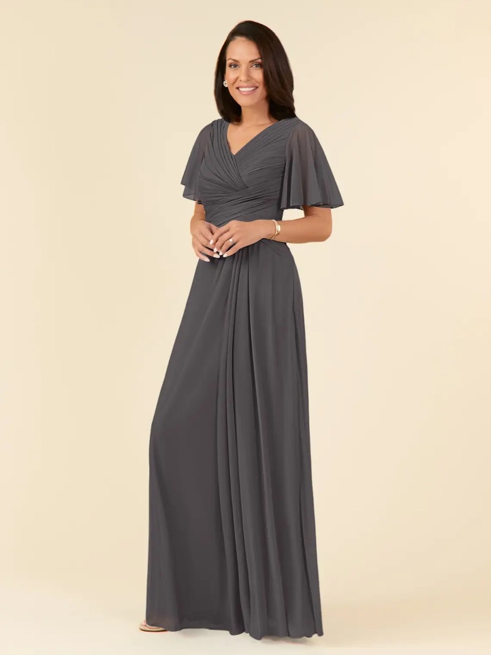 Azazie Emmaline style Silver / Gray V-Neck Flutter-Sleeve Maxi Dress